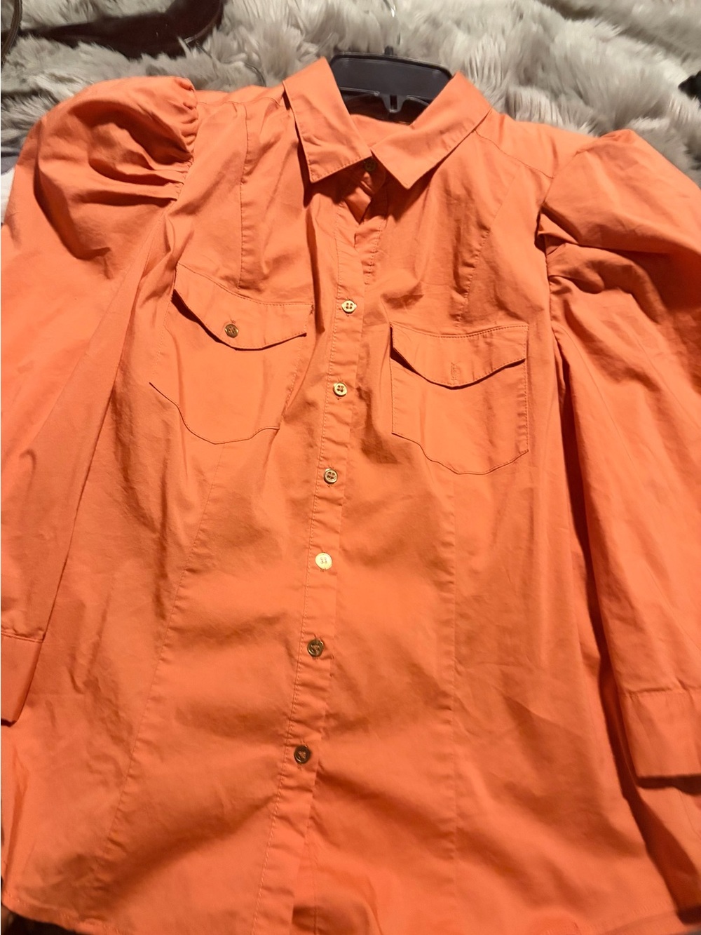 Puff-Sleeve Orange Button-Down Shirt